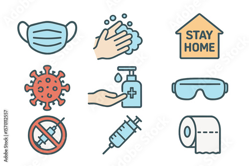 Vector illustrations of coronavirus icons, including medical masks, hand washing symbols, and protective glasses, convey the message of staying at home, using hand sanitizers, and wearing masks