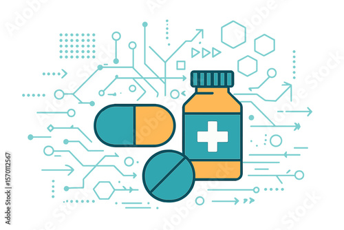 The concept of medicines and science, set against an abstract, futuristic backdrop of geometric shapes and cutting-edge technology