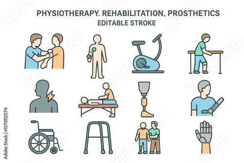 A set of line icons representing physiotherapy, rehabilitation, and prosthetics is available as an editable vector illustration with a stroke