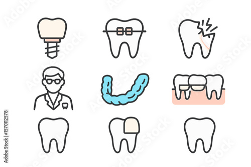 Vector illustration of dental care line icons, including implant, braces, dentist, toothache, aligners, veneers, and tooth outline pictogram for a stomatology clinic, in 64x64 Pixel Perfect and