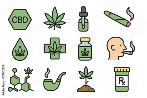 The icon set for Cannabidiol includes a variety of symbols such as CBD, Cannabis, treatment, weed, tobacco, and others