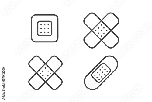 A set of medical patch and plaster icons with editable stroke outlines is presented in a flat vector illustration isolated on a white background, pixel perfect, in a 64 x 64 format