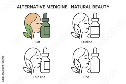 A set of vector graphics is available, featuring icons in various styles, including flat, contour, thin, and linear designs, all related to alternative medicine and natural beauty, with each icon