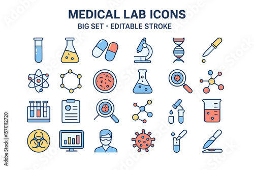 A large collection of medical lab icons is available, featuring science, dna, and molecules research line icons with editable strokes