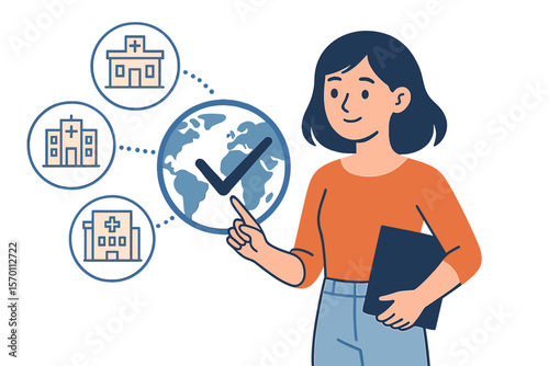 Vector illustration of a medical tourism agency, where a girl selects high-quality medical services globally, represented by icons of clinics, hospitals, and healthcare centers, alongside a young