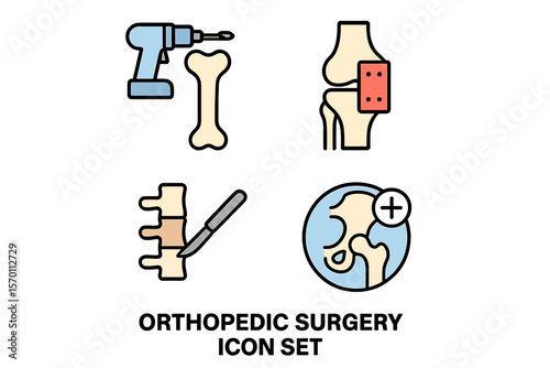 Orthopedic surgery is represented by a set of pixel perfect, editable stroke, up scalable square line vector icons