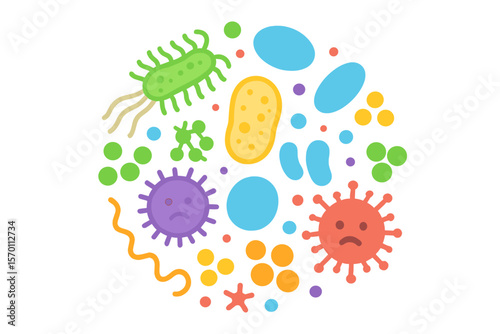 Bacteria and germs are enclosed within a circular shape, surrounded by bacterias, disease cells, and germs in a round frame, as part of a human diseases cartoon vector illustration set that includes