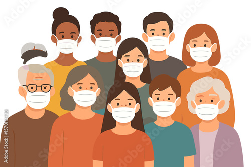 A group of individuals donning medical face masks for protection against viruses, diseases, flu, air pollution, contamination, and corona, comprising various age groups including elderly men and
