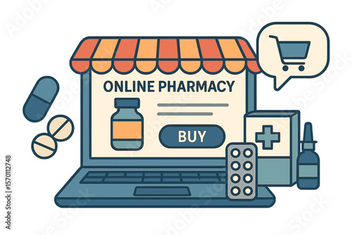Online pharmacy store depicted in a vector illustration, with medicines available online
