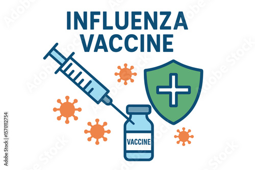 A poster for vaccine medicine, representing the concept of an influenza vaccine shot, highlighting flu immune safety and disease prevention through syringes and inoculation, depicted in a vector