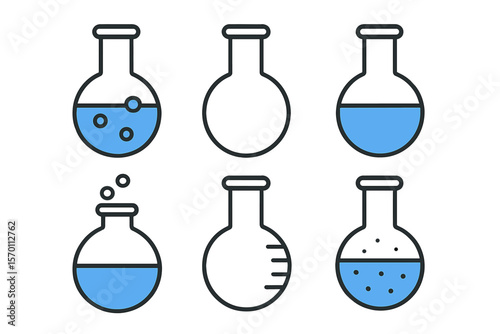 A chemical flask is part of an icons set for equipment used in a chemical laboratory, created in line design and vector format