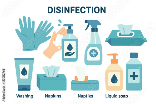 Vector illustration featuring a set of hand sanitizer bottles, washing gel, spray, wet wipes, liquid soap, rubber gloves, and napkins for disinfection and hand hygiene