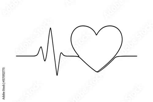 A continuous line drawing of a heart cardiogram in minimalist design isolated on a white background