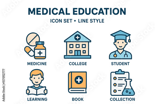 A set of web icons related to Medical Education is presented in a line style, including symbols for medicine, college, students, learning, books, and collections, all in vector illustration