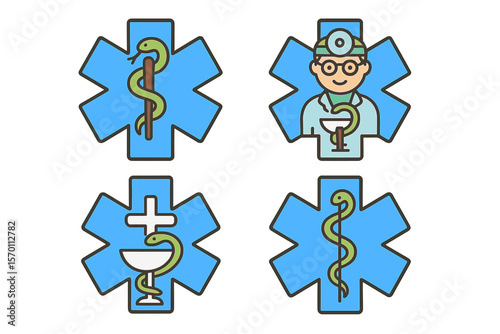 The star of life and caduceus symbols represent medical and emergency services through humorous vector icons, including the rod of Asclepius and a doctor's bowl
