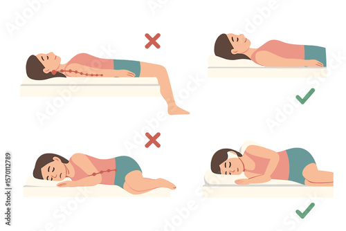 Vector illustration depicting a woman in different poses from the side, showcasing proper and improper sleeping postures for the neck and spine, highlighting healthy sleep positions, and featuring