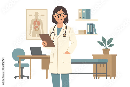 A female doctor is shown in the interior of a general practitioner's office