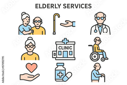 Services for the elderly include support and assistance with disabilities, targeting pensioners, the aged, and the disabled, with a focus on healthcare, medical care, and medicine, represented by