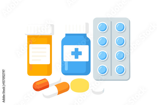 Vector concept representing healthcare, medication, pharmacy, or drugstore through medical pills and bottles