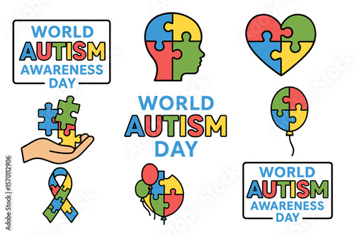 A comprehensive collection of World Autism Awareness Day background typography, featuring puzzles, a child's head, heart, hand, balloon, and ribbon icon design templates