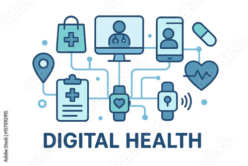 Digital Health banner web icon represents Healthcare and Electronic Health, including medical records, interconnected systems, telemedicine, online pharmacy, tracking, wearables, and device sensors