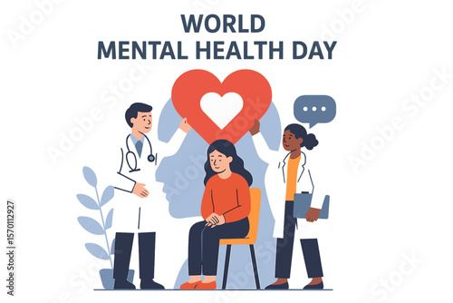 Vector illustration of mental health medical treatment shows specialist doctors collaborating to provide love therapy for a world mental health day concept poster with a background featuring tiny