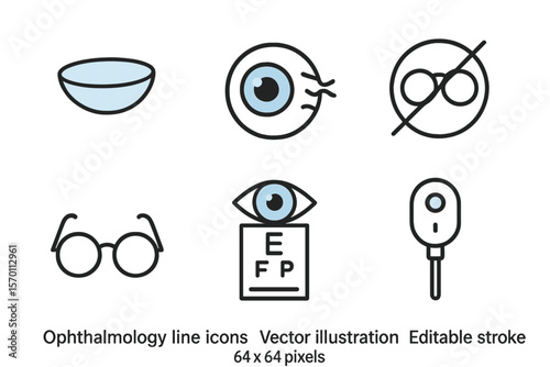 Vector illustration of ophthalmology line icons, including contact lens, eyeball, glasses, blindness, and eye check, in 64x64 pixel perfect format with editable stroke for optometrist equipment