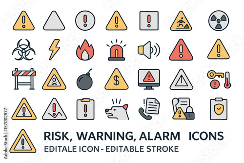 This set includes 30 outline icons that pertain to risk, warning, and alarm, presented in a linear style with editable strokes, as a vector illustration
