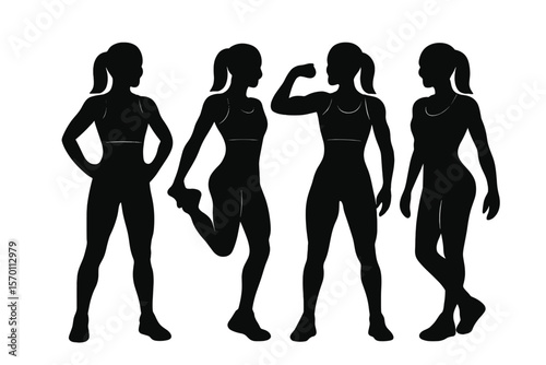 Vector illustration of a fitness girl posing, depicted as a black silhouette, isolated on a white background, showcasing sporty girls
