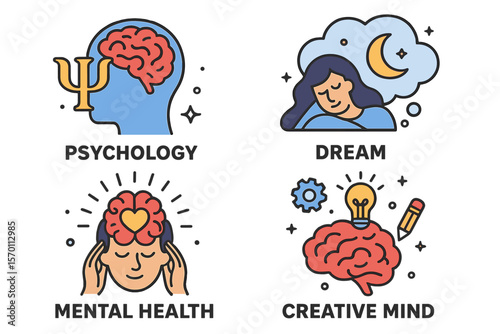 A collection of illustrations representing Psychology, Dream, and Mental Health concepts is available, featuring the Brain, neuroscience, and creative mind in poster and cover formats
