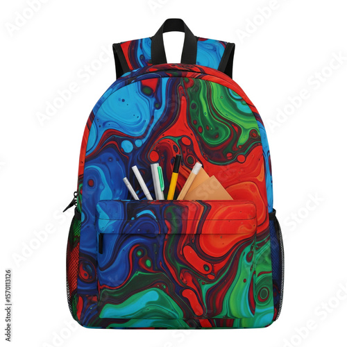 School backpack with a colorful abstract pattern and school supplies on transparent background for back to school concept.