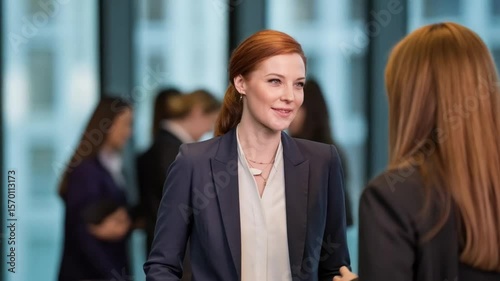 Businesswomen conversing during a corporate networking event showcasing connection and communication.