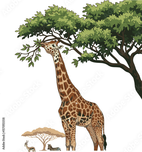 A graceful giraffe reaching for leaves alongside african savanna wildlife scene