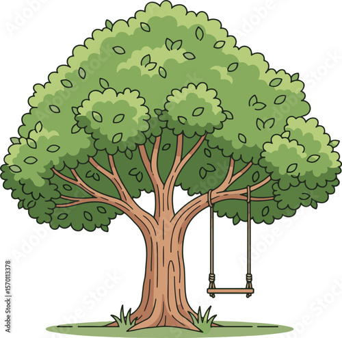 A beautiful lush cartoon tree with a rope swing for childhood fun and relaxation