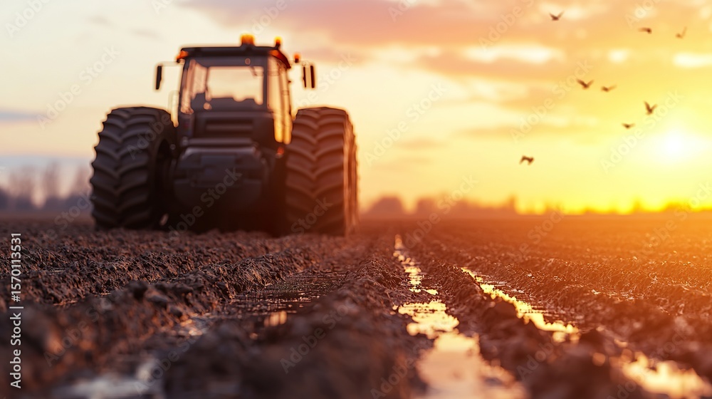 Fototapeta premium Autonomous farming machine driven by AI plowing through rice field, sunset light casting shadows, realistic mud