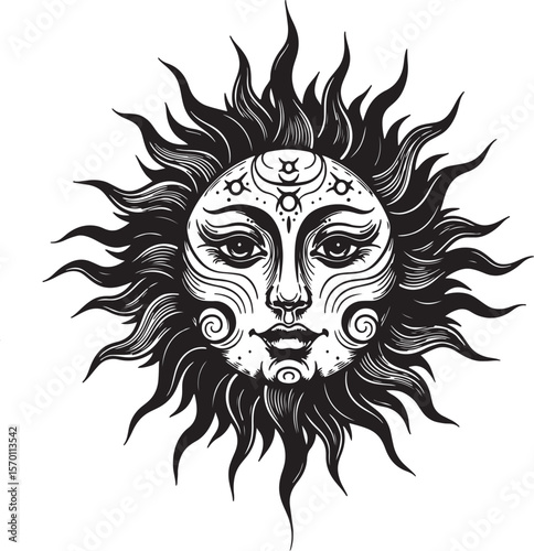 Intricate hand drawn sun illustration depicting a smiling face with decorative radiant rays in black
