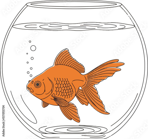 Vibrant orange goldfish swimming gracefully inside a classic glass fishbowl illustration