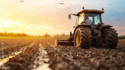 Autonomous farming machine driven by AI plowing through rice field, sunset light casting shadows, realistic mud