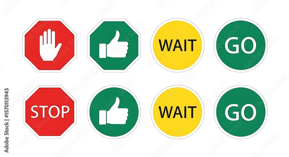 Fototapeta premium Traffic signs collection featuring stop wait go and thumbs up signals for guidance