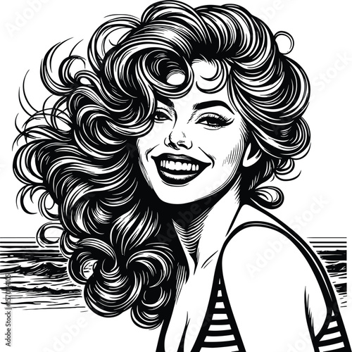 Cheerful woman vector black silhouette print design
