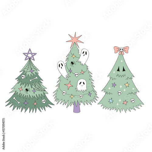 Hand Drawn Retro Vector Illustration set of Christmas Trees Adorned with Halloween Ornaments Including Skulls, Bones, Spiders, Cobwebs, and Sheet Ghosts. Ideal for spooky holiday cards, alternative