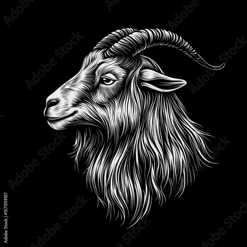 Detailed illustration of a goat head with flowing mane