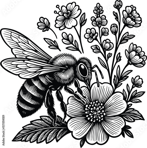 Bees gathering nectar vector black silhouette print design