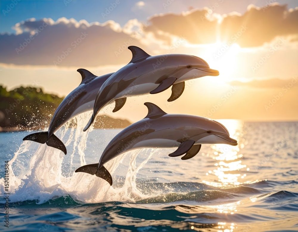 Fototapeta premium Dolphins leaping at sunset (3)