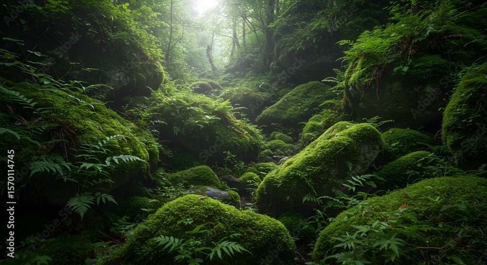 Fototapeta premium Moss covered rocks and trees in a dense forest with sunlight filtering through.