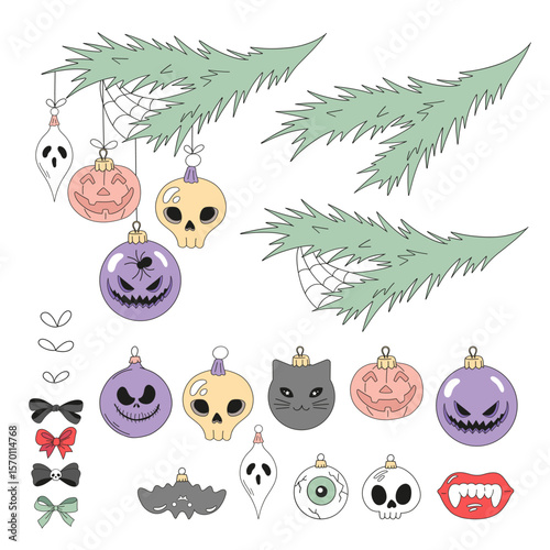 Retro Halloween Themed Christmas tree Ornaments and baubles Featuring Sheet Ghosts, Pumpkins, Skulls, Bats, Eyeballs vector illustration set isolated on white. Perfect for alternative Christmas cards
