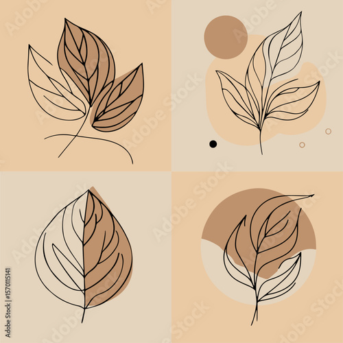 Minimalist leaf illustrations in neutral tones on abstract backgrounds  