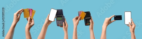 Many hands with credit card...