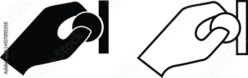 Minimalist illustrations of hand gripping a circular object and approaching a rectangular surface