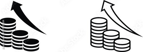Growth in financial investments illustrated with stacked coins and upward arrows representing financial success
